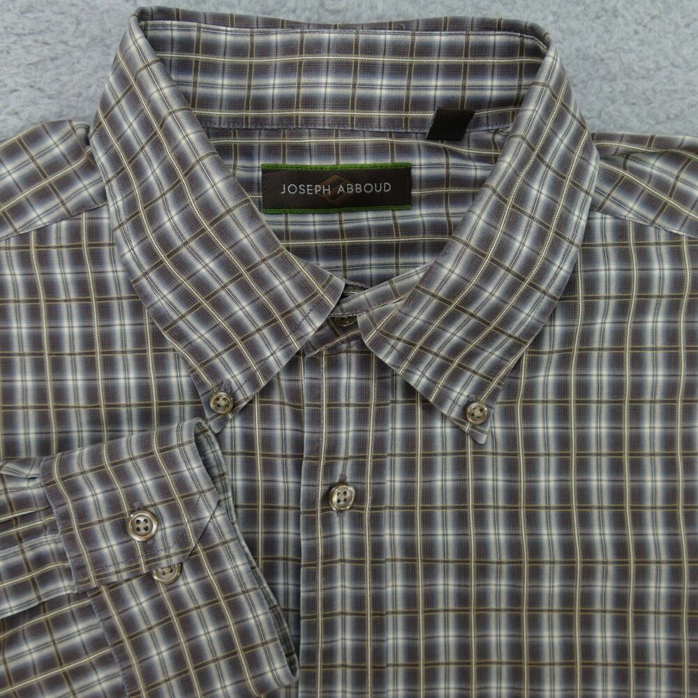 Joseph Abboud Button Up Shirt Mens Large Brown Beige Plaid Long Sleeve